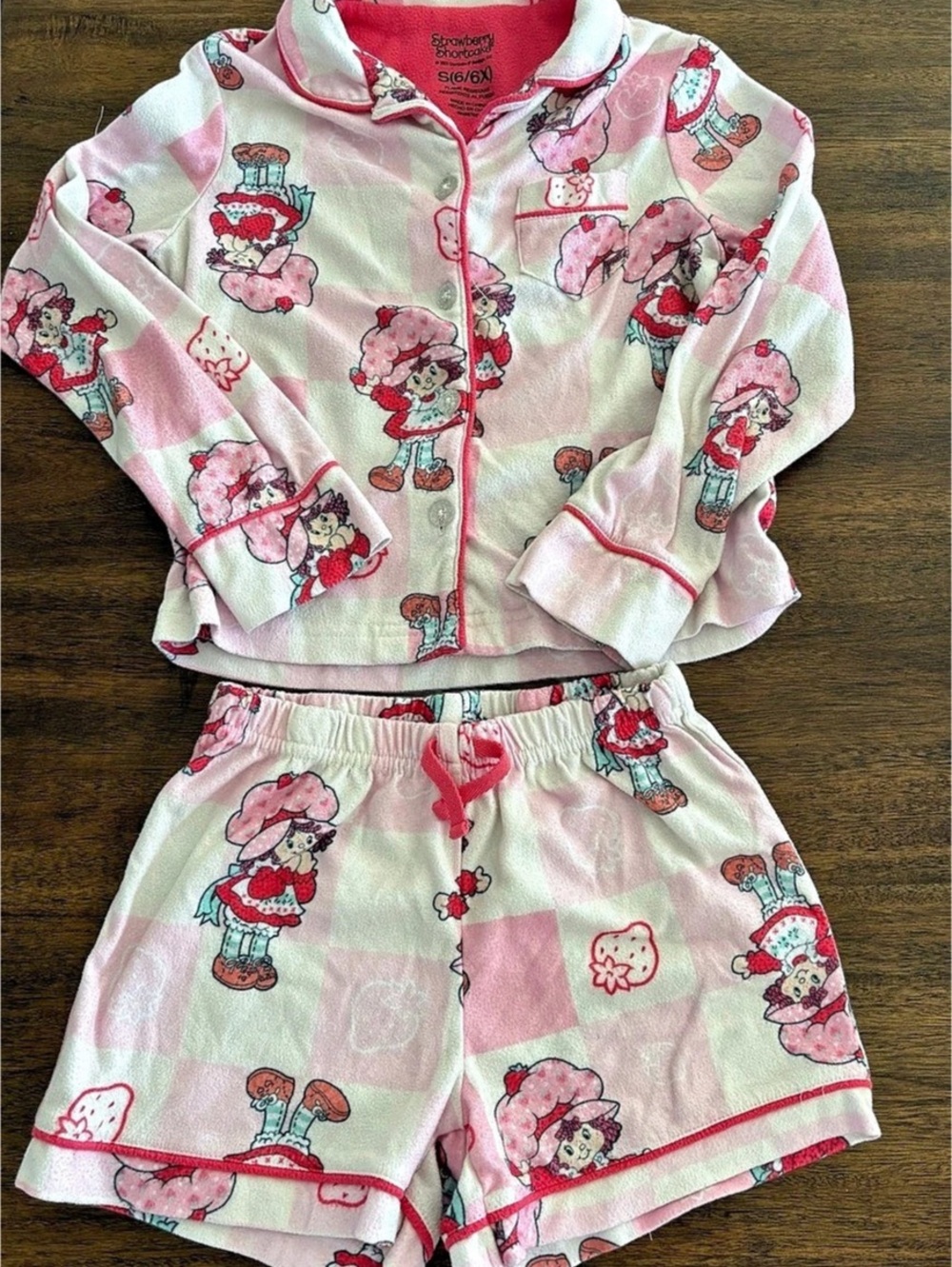Strawberry Shortcake Girls Fleece Pajama Set Pink & White Plaid Size 6